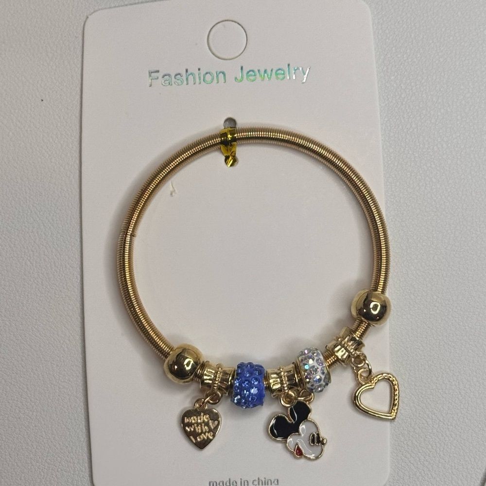 Fashion Jewelry Gold and Blue Mickey Charm Stretch Bracelet